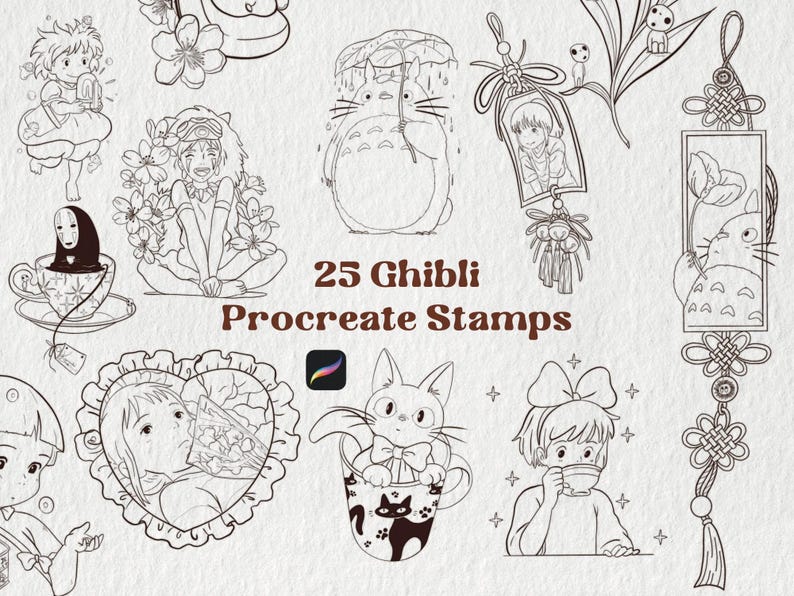 May include: Line art illustrations of characters and scenes from Studio Ghibli films. The image includes characters like Totoro, Chihiro, and Kiki, along with the text "25 Ghibli Procreate Stamps" and the Procreate app logo.