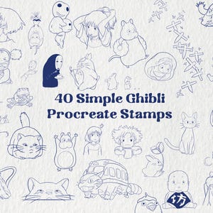 May include: A collection of 40 simple Ghibli Procreate stamps in a blue line art style. The illustrations feature characters and elements from Studio Ghibli films, set against a textured white background.