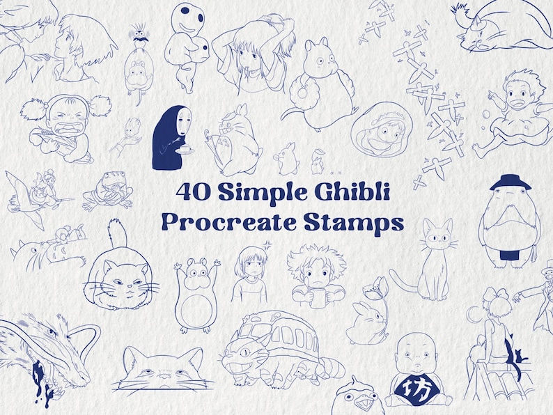May include: A collection of 40 simple Ghibli Procreate stamps in a blue line art style. The illustrations feature characters and elements from Studio Ghibli films, set against a textured white background.
