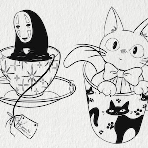May include: Black and white illustration featuring two teacups with characters from animated films. One cup holds a figure with a white mask, the other a cat with a bow tie. The teacups are decorated with star and cat motifs.