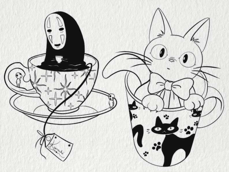May include: Black and white illustration featuring two teacups with characters from animated films. One cup holds a figure with a white mask, the other a cat with a bow tie. The teacups are decorated with star and cat motifs.
