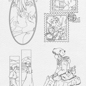 以下が含まれることがあります： アニメ映画のシーンを描いた白黒の線画。このアートワークには、2人の人物が入った楕円形のフレーム、2つの切手デザイン、風景の中にキャラクターがいる2つの垂直パネルが含まれています。座っている人物も描かれています。