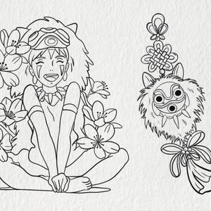May include: Black and white line art of a smiling anime character surrounded by flowers, with a wolf-like mask and a decorative charm. The character is seated with legs crossed. The charm features a wolf mask.
