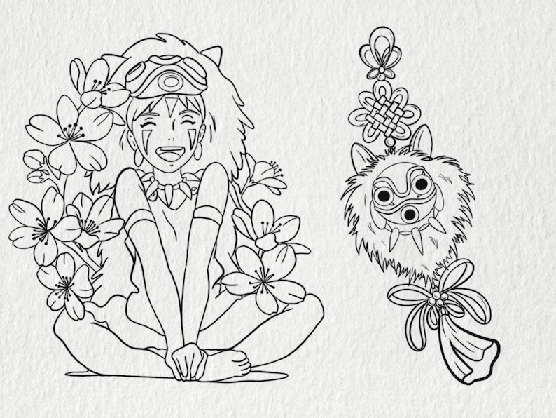 May include: Black and white line art of a smiling anime character surrounded by flowers, with a wolf-like mask and a decorative charm. The character is seated with legs crossed. The charm features a wolf mask.