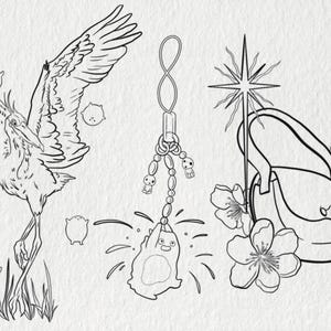 May include: Line art illustration featuring a crane with outstretched wings, a charm with a cartoon character, and a purse with a star and flowers. The image is in black and white.