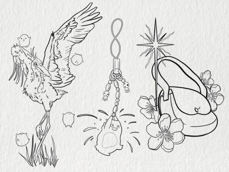 May include: Line art illustration featuring a crane with outstretched wings, a charm with a cartoon character, and a purse with a star and flowers. The image is in black and white.