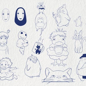 May include: A collection of blue line art illustrations of characters from Studio Ghibli films. The image includes characters from Spirited Away, My Neighbor Totoro, and other animated movies. The drawings are on a textured, off-white background.