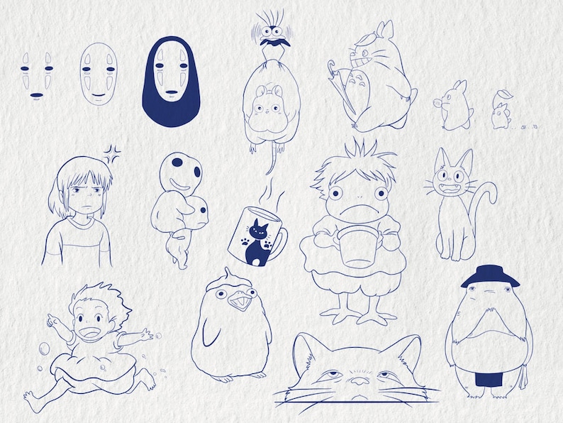 May include: A collection of blue line art illustrations of characters from Studio Ghibli films. The image includes characters from Spirited Away, My Neighbor Totoro, and other animated movies. The drawings are on a textured, off-white background.