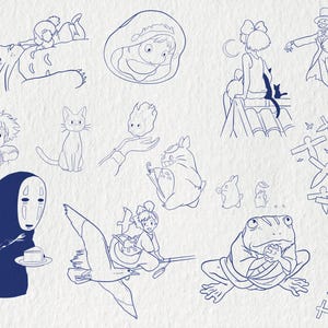May include: A collection of blue line art illustrations featuring characters and scenes from Studio Ghibli films. The images include characters like Totoro, No-Face, Kiki, and others, all drawn in a simple, yet recognizable style.