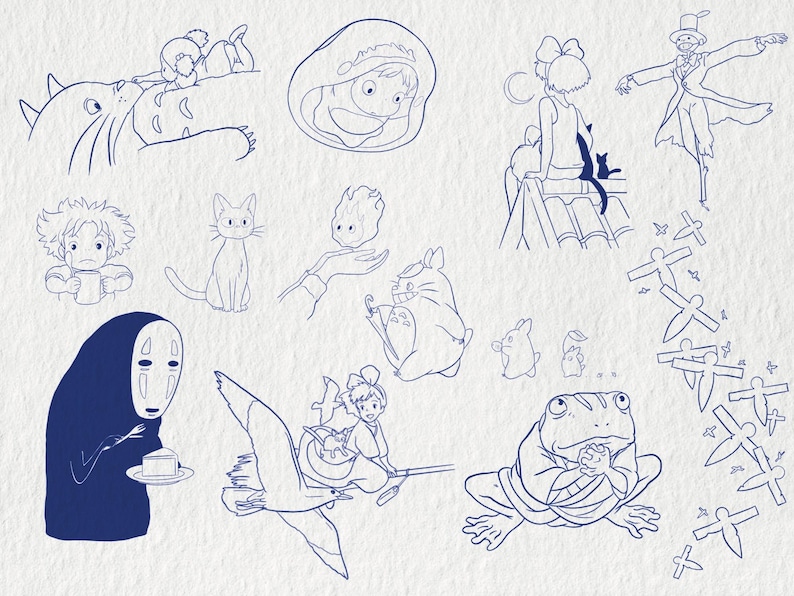 May include: A collection of blue line art illustrations featuring characters and scenes from Studio Ghibli films. The images include characters like Totoro, No-Face, Kiki, and others, all drawn in a simple, yet recognizable style.