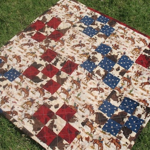 Cowboy western theme nursery baby crib quilt, Handmade 36x36 inch patchwork blanket, kid&#39;s toddler boy baby shower gift, ready to ship