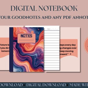 Może przedstawiać: Cyfrowy notatnik z kolorowym abstrakcyjnym wzorem. Okładka przedstawia wzór w stylu akwareli w odcieniach pomarańczu, niebieskiego i fioletu. Notatnik jest oznaczony jako "NOTES" i zawiera strony w linie. Obraz zawiera również tekst "EASY TO USE".