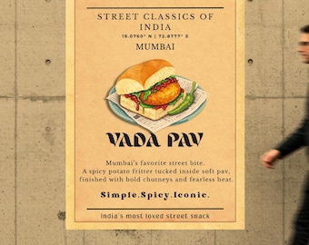 Vada Pav Poster Printable Wall Art Indian Street Food Mumbai Kitchen Decor Vintage Food Illustration Digital Download