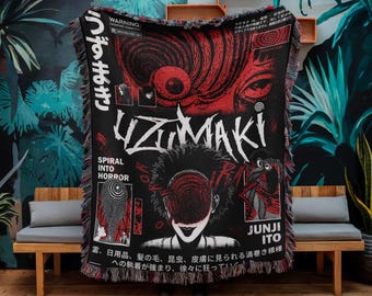 Japanese Horror Manga Woven Blanket, Spiral Curse Theme Throw, Dark Creepy Anime Decor