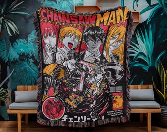Anime Devil Hunter Woven Blanket, Dark Manga Style Throw, Gothic Anime Home Decor, Soft Cozy Blanket Gift