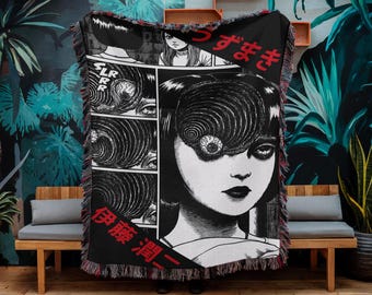 Japanese Horror Manga Woven Blanket, Spiral Curse Theme Throw, Dark Creepy Anime Decor
