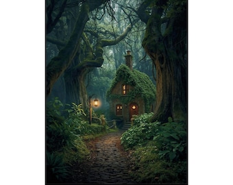Wall Art Poster Enchanted Forest Cottage | Fairy Tale Woodland Art | Fantasy Print