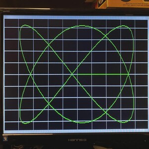 Puede incluir: Un monitor de computadora negro con el logotipo de Hanns-G en el marco inferior muestra un patr&oacute;n de curva de Lissajous verde brillante sobre un fondo de cuadr&iacute;cula blanca. La pantalla muestra una forma geom&eacute;trica compleja y sim&eacute;trica.