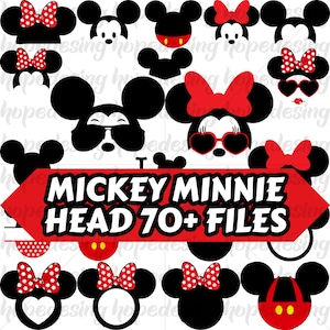 Könnte beinhalten: Ein Set mit über 70 digitalen Dateien, die schwarze und weiße Umrisse von Mickey Mouse- und Minnie Mouse-Köpfen in verschiedenen Posen zeigen. Die Köpfe sind in verschiedenen Größen und haben verschiedene Ausdrücke, darunter lächelnd, zwinkernd und mit Sonnenbrille. Der Text "MICKEY MINNIE HEAD 70+ FILES" wird in roten Buchstaben angezeigt.