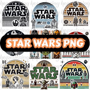 May include: A set of 10 digital clipart images featuring Star Wars characters and logos in a retro style. The images are in various colors, including red, blue, yellow, green, and black. The images include characters such as Chewbacca, Yoda, and Darth Vader, as well as the Star Wars logo.