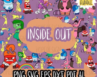 May include: A digital clipart set featuring characters from the animated film Inside Out. The characters are depicted in various poses and expressions, including Joy, Sadness, Anger, Fear, and Disgust. The text "Inside Out" is displayed in a large, bold font. The text "MEGA BUNDLE" is displayed in a smaller font. The text "PNG SVG EPS DXF PDF AL" is displayed in a smaller font.