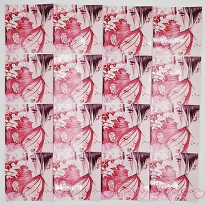 May include: A set of 16 pink and white stickers featuring a couple embracing. The stickers are printed with a manga-style illustration of a man and woman with long hair.