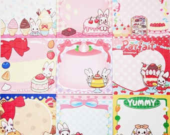 Puede incluir: Un conjunto de nueve notas adhesivas rosas y blancas con un tema de conejito lindo. Cada nota presenta un postre diferente, que incluye helado, pastel de fresa, fiesta de postres, parfait, macaron y delicioso. Las notas están decoradas con lazos, corazones, estrellas y otros detalles lindos.