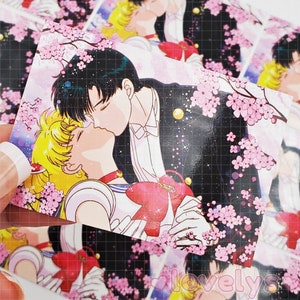 20 pcs Sailor Moon and Tuxedo kissing under sakura tree, love anime chibi, seal sticker, planner journaling, scrapbooking stickers