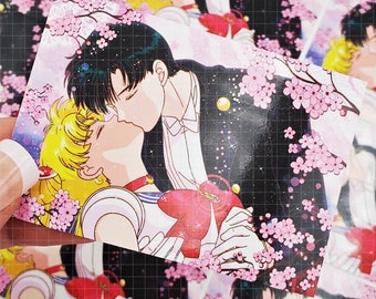 20 pcs Sailor Moon and Tuxedo kissing under sakura tree, love anime chibi, seal sticker, planner journaling, scrapbooking stickers