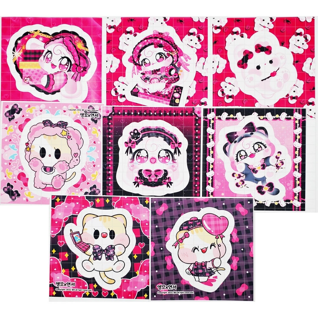 8 Pcs Hot Pink & Black Cute Kawaii Sticker Lot, Kiss Cut High Quality ...