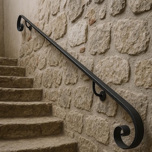 Puede incluir: Una barandilla de metal negro con un diseño de voluta en los extremos está montada en una pared de piedra. La barandilla recorre una escalera de piedra, brindando apoyo.