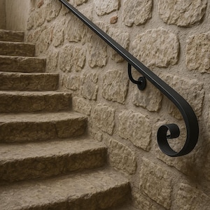 Puede incluir: Una barandilla de hierro forjado negro con un diseño decorativo de volutas está montada en una pared de piedra. La barandilla se curva con gracia y está fijada a la pared con monturas circulares. Los escalones de piedra conducen a la izquierda.