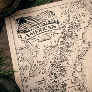 May include: A vintage-style paper map titled American War for Independence, featuring a black and white illustration of an early American flag, mountain ranges, and a detailed list of essential battles with dates and locations across the colonies.