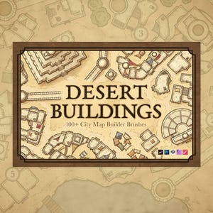 Könnte beinhalten: Eine digitale Illustration einer Wüstenstadtkarte mit Gebäuden, Straßen und anderen Merkmalen. Der Text "DESERT BUILDINGS" und "100+ City Map Builder Brushes" ist auf dem Bild zu sehen.