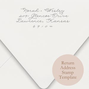 May include: A white envelope with elegant script text reading "Norah + Wesley, 209 Glencoe Drive, Lawrence, Kansas, 69104." A circular sticker with the text "Return Address Stamp Template" is on the lower right.