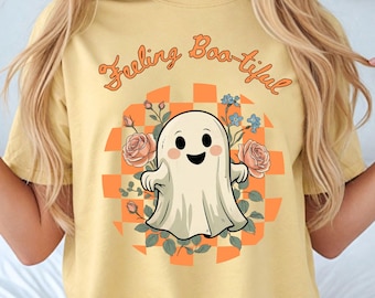 Comfort Colors Halloween Ghost Shirt Feeling Boo-tiful Tee, Checkered board Tee, Ghost Lover Shirt Unisex Tee.