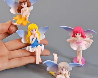 4PCS Mini Fairy Garden Figurines – Flower Wing Girl Statues for Cake Toppers, Home Decor, Terrariums & Gifts, Mini Fairies, Garden Fairy