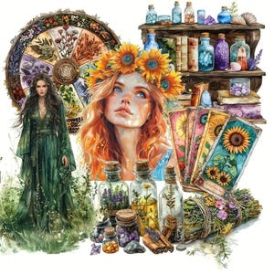 Può includere: Un dipinto ad acquerello di una donna con lunghi capelli rossi che indossa una corona di girasoli. È circondata da vari oggetti magici, tra cui carte dei tarocchi, bottiglie di pozioni e una ruota della fortuna. Il dipinto ha un'atmosfera fantasiosa e mistica.