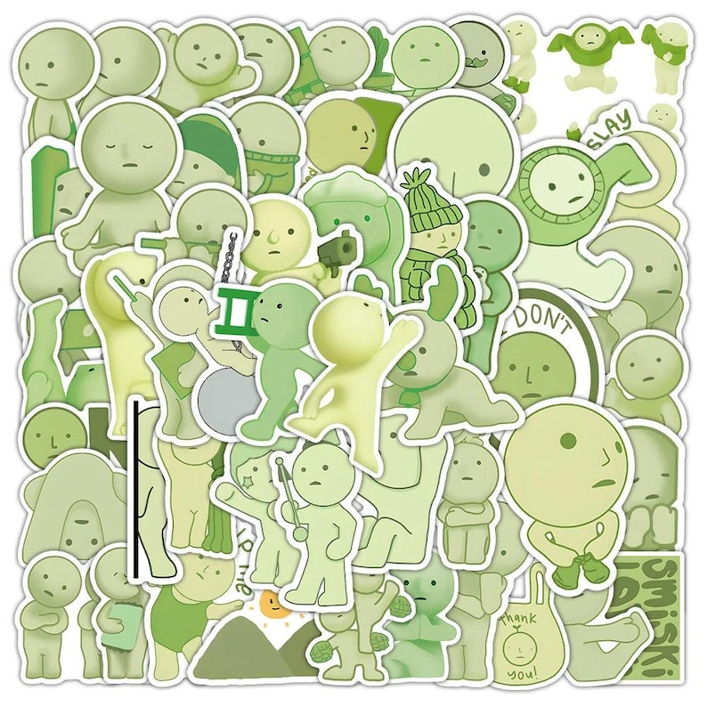 Peut inclure: Un ensemble de 50 autocollants verts et blancs repr&eacute;sentant divers personnages de dessins anim&eacute;s avec diff&eacute;rentes expressions et poses. Les autocollants comprennent des phrases comme "Slay", "Don't" et "Thank You".