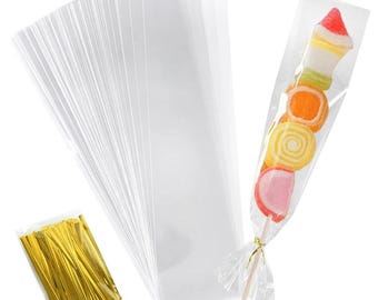 50/100PCS Clear Candy Bags – Long Cellophane Treat Bags for Cookies, Lollipops, Wedding & Birthday Gift Packaging