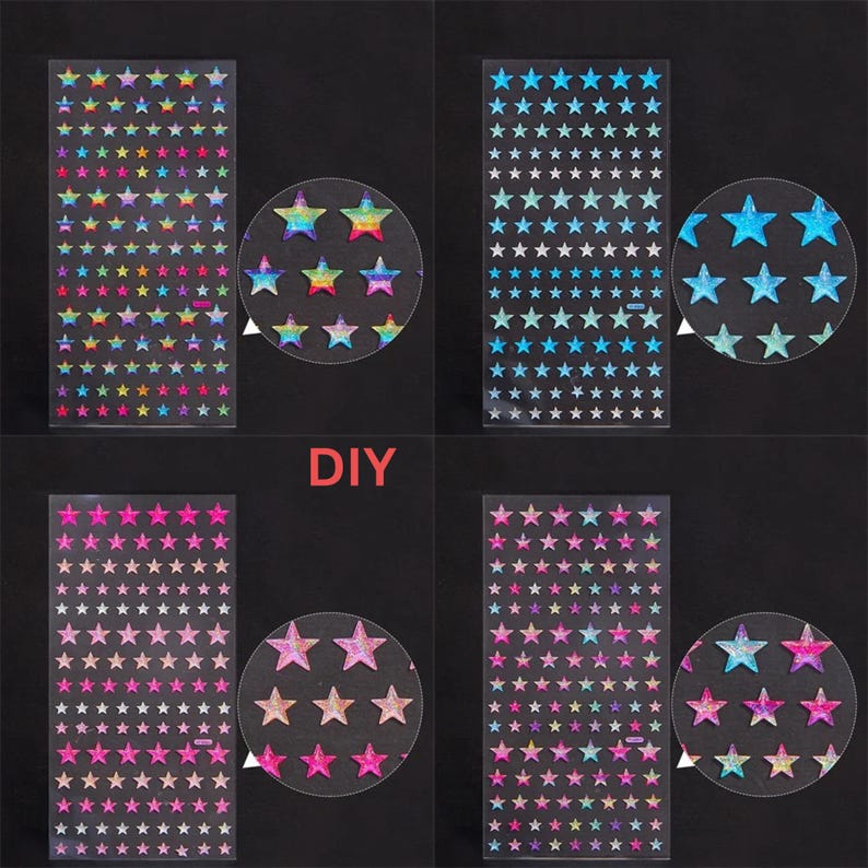 May include: Four sheets of colorful star stickers. Each sheet has a different color scheme: rainbow, blue, pink, and multi-colored. The sheets are labeled "DIY".