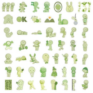 Peut inclure: Un ensemble de 40 autocollants verts et blancs repr&eacute;sentant divers personnages et expressions. Les personnages sont des figures rondes simples avec diff&eacute;rentes expressions et poses. Certaines des expressions incluent "OK", "Aide-moi", "Je m'en fiche" et "Merci".