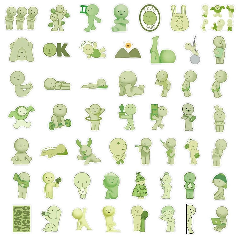 Peut inclure: Un ensemble de 40 autocollants verts et blancs repr&eacute;sentant divers personnages et expressions. Les personnages sont des figures rondes simples avec diff&eacute;rentes expressions et poses. Certaines des expressions incluent "OK", "Aide-moi", "Je m'en fiche" et "Merci".