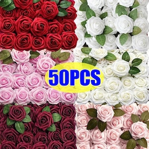 5–50PCS Artificial Foam Roses with Stems – Fake Rose Heads for DIY Wedding Bouquets, Home & Party Decorations
