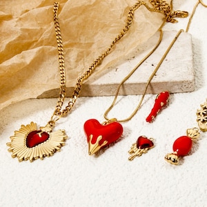 Gold Plated Red Ex Voto Heart Pendant – 304 Stainless Steel Charm for DIY Jewelry & Necklaces