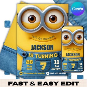 Bewerkbare Minion-verjaardagsuitnodiging | Uitnodiging Minion-feestje | Verjaardagsuitnodiging cartoon voor kinderen | Direct bewerken en downloaden