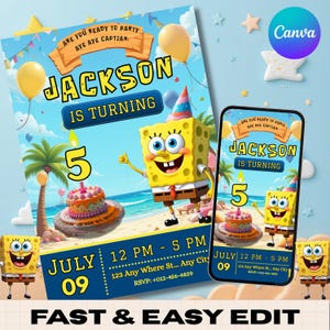 Convite de aniversário editável do Bob Esponja | Convite digital para festa infantil | Tema oceano para impressão | Convite submarino | Edição e download instantâneos
