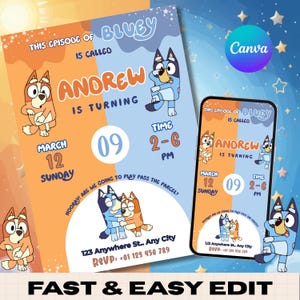 Bewerkbare Bluey-verjaardagsuitnodiging | Bluey-feestuitnodiging voor jongens en meisjes | Blueybday-uitnodiging | Bluey Print and Share-verjaardagskaart