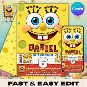 Invito di compleanno SpongeBob modificabile / Invito per festa per bambini / Tema sottomarino stampabile / Biglietto di compleanno con tema oceano / Modifica e download immediati