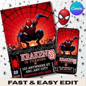 Modelo de convite de aniversário do herói aranha editável | Convite para festa do Homem-Aranha | Convite com tema de herói | Edição e download instantâneos